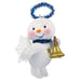Snowman ornament with a bell and tinsel on a white background