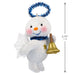 Small snowman ornament with a bell, tinsel, and measurement label on a white background