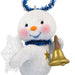 Sparkly snowman ornament with a bell and blue tinsel on a white background