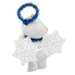 White snowman ornament with blue tinsel halo and snowflake wings on a white background
