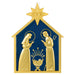Decorative nativity scene ornament with gold figures and blue background