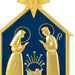 Decorative emblem with gold nativity scene on a blue background