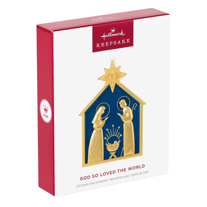 Hallmark Keepsake Christmas ornament packaging with Nativity scene design.