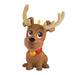 Dog with reindeer antlers with a red collar and gold bell on a white background