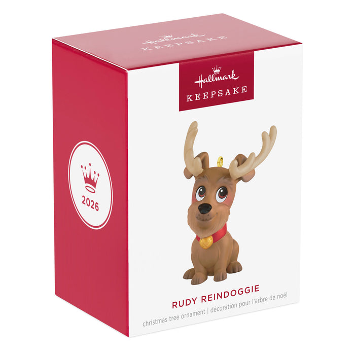 Hallmark Rudolph Reindoggie Christmas ornament packaging on a white background