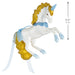 Unicorn figurine with gold and blue accents on a white background