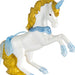Unicorn figurine with gold and blue accents on a white background