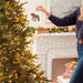 Person decorating a Christmas tree with a horse ornament in a festive living room.