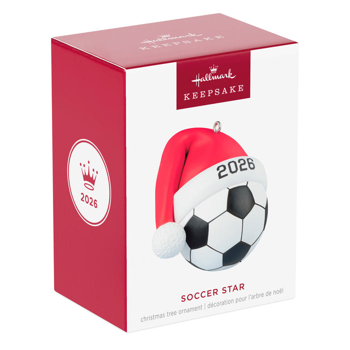 Hallmark 2026 Soccer Star Christmas ornament in packaging