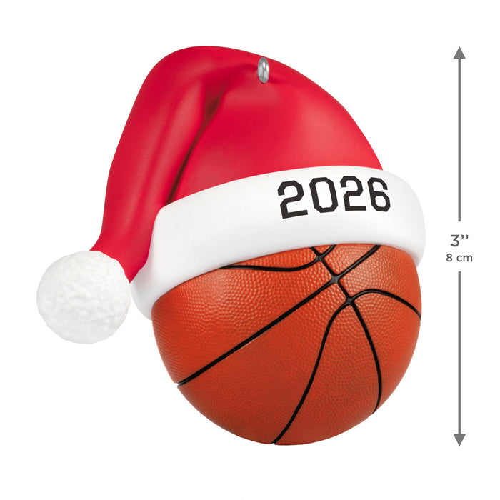 Basketball ornament with a Santa hat labeled '2026' on a white background