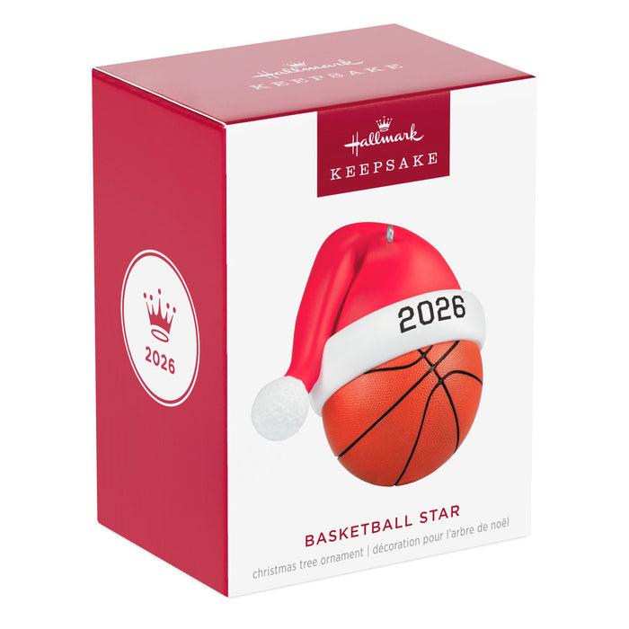 Hallmark Keepsake Christmas ornament packaging with basketball and Santa hat design on a white background