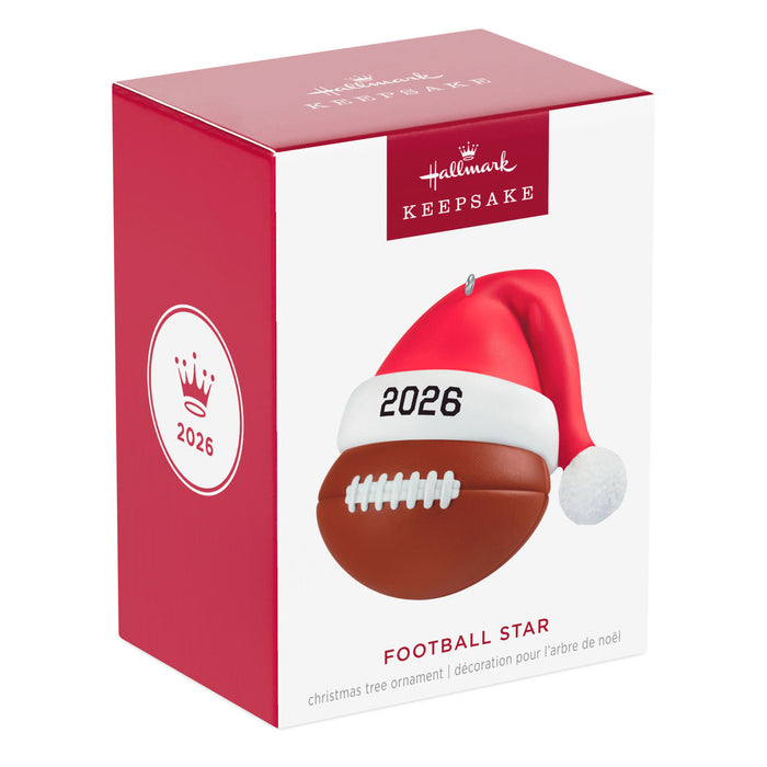 Hallmark 2026 Football Star Christmas ornament packaging on a white background