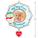 Christmas ornament with a baby's photo and snowman, labeled 'My Very First Christmas 2026', with dimensions indicated.