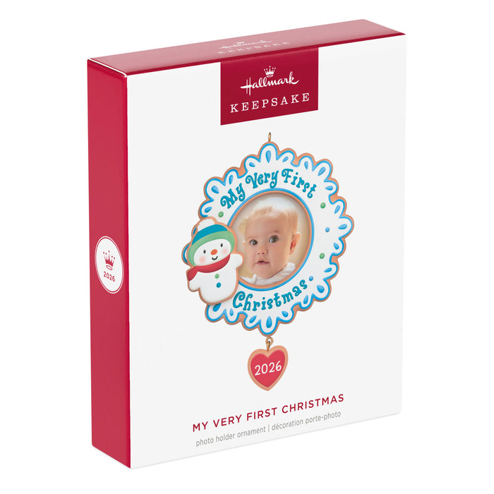 Hallmark Keepsake Christmas ornament packaging with baby photo and snowman design.