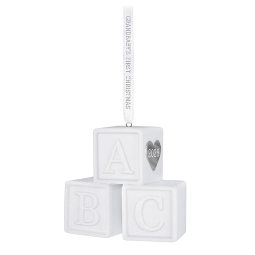 White baby blocks ornament with 'Grandbaby's First Christmas 2026' text on a white background