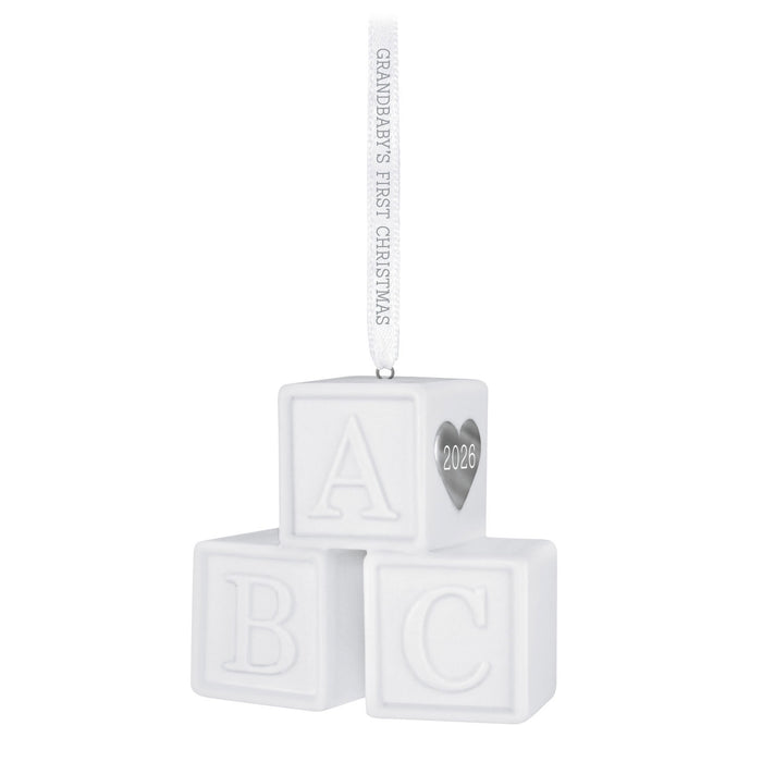 White baby blocks ornament with 'Grandbaby's First Christmas 2026' text on a white background
