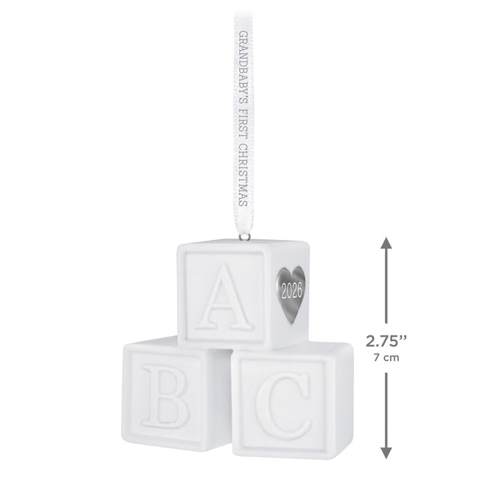 White baby blocks ornament with 'Grandbaby's First Christmas 2026' text on a white background