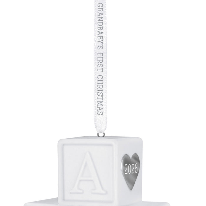 White baby block ornament with 'Grandbaby's First Christmas 2026' text on a white background