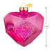 Pink heart-shaped ornament with 'Our First Christmas Together' text and gold cap, with dimensions indicated.