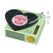 Miniature green record player with a vinyl record on a white background