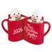 Two red mugs with snowmen inside, featuring '2026' and 'Our Christmas Together' text on a white background.