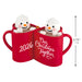 Two red mugs with snowmen inside, labeled '2026' and 'Our Christmas Together', on a white background.