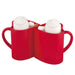 Two red mugs with snowman designs on a white background
