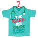 Turquoise scrub top with stethoscope on a red hanger against a white background
