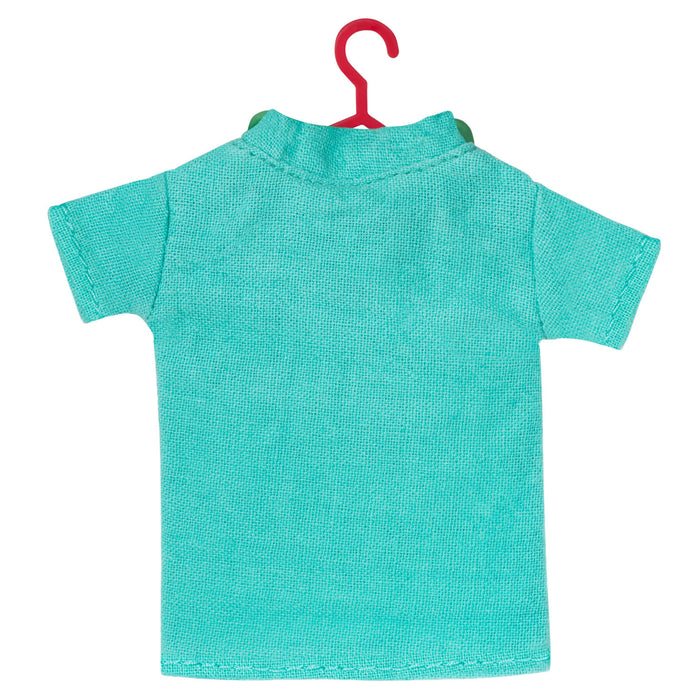 Turquoise shirt on a red hanger against a white background