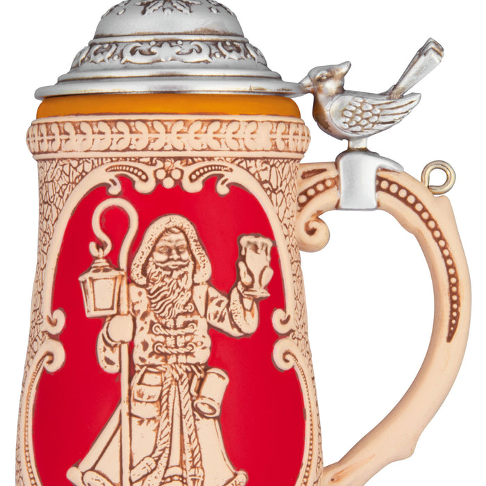 Decorative mug with a handle shaped like a bird, featuring a design of a bearded man with a lantern on a red background.