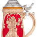 Decorative mug with a handle shaped like a bird, featuring a design of a bearded man with a lantern on a red background.