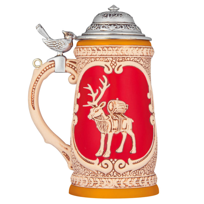 Decorative mug with a reindeer design on a red background