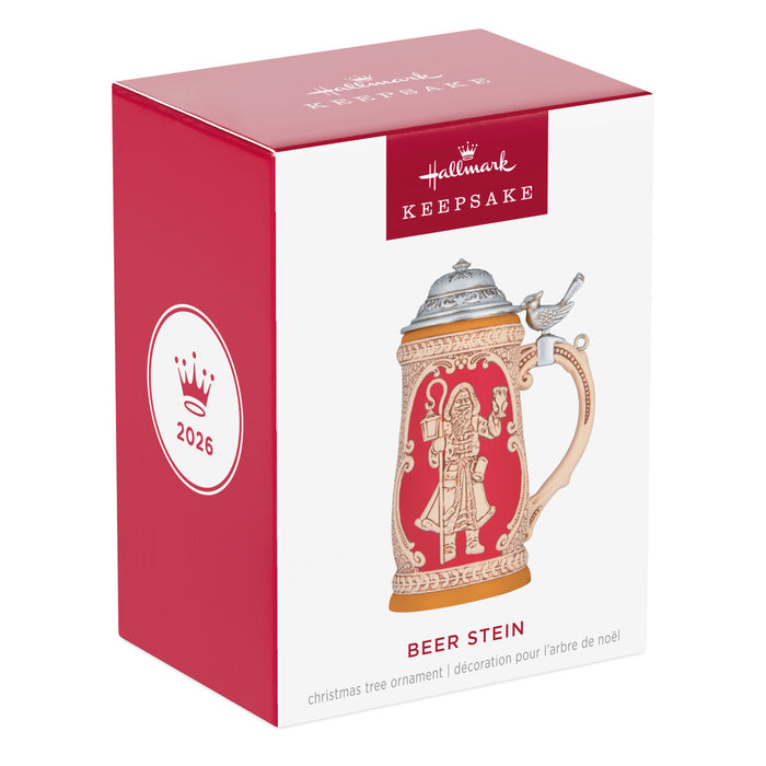 Hallmark Keepsake Beer Stein Christmas ornament packaging on a white background