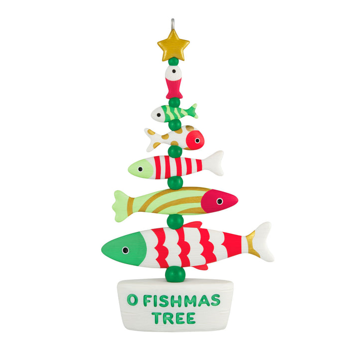 Colorful fish-shaped Christmas tree ornament with a star on top, featuring the text 'O Fishmas Tree' on a white background.