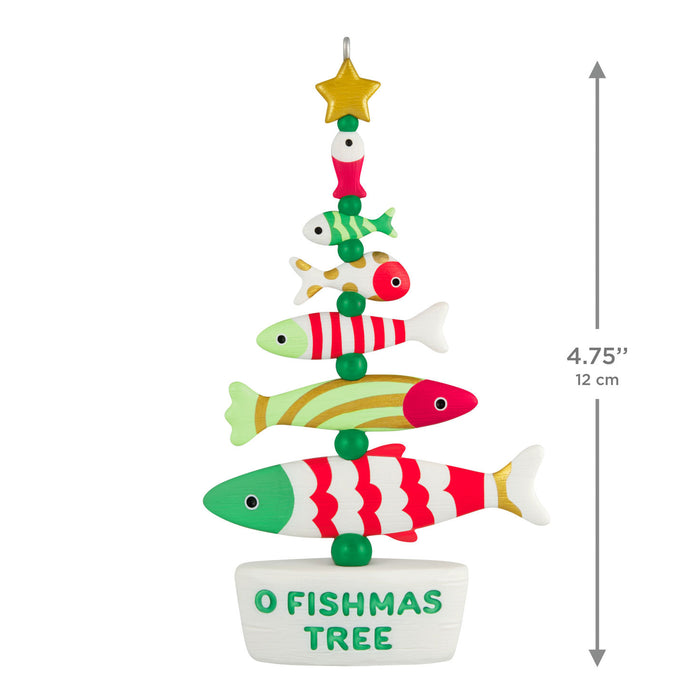 Colorful fish-shaped Christmas tree ornament with a star on top, labeled 'O Fishmas Tree', on a white background.
