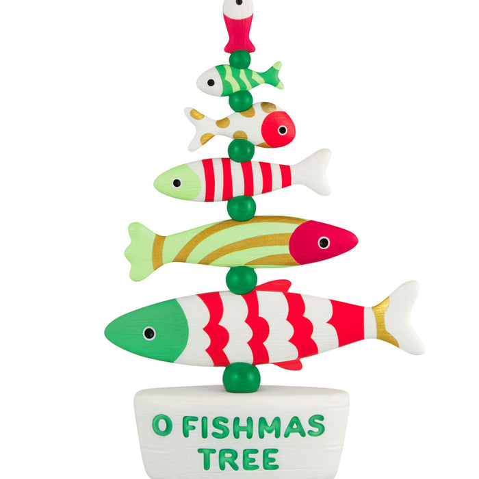 Colorful fish-shaped ornament with 'O Fishmas Tree' text on a white background