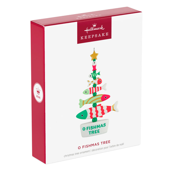 Hallmark Keepsake Christmas ornament packaging with fish-themed design on a white background