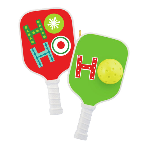 Two festive pickleball paddles ornament with 'HO HO' text on a white background