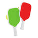 Two pickleball paddles, one green and one red, on a white background.