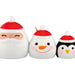 Three Christmas-themed figurines: Santa, snowman, and penguin, on a white background.