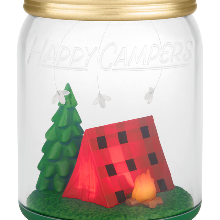 Mason jar with 'Happy Campers' text, featuring a red tent, green tree, and campfire inside.