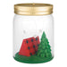 Decorative jar with a red cabin and green tree inside, on a white background