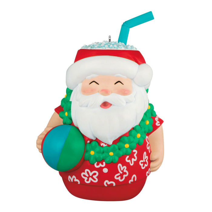 Santa Claus ornament with a beach ball and straw on a white background