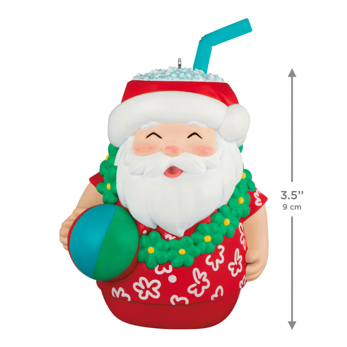Santa Claus ornament with a beach ball and straw, size indicated.
