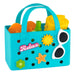 Toy sandcastle set in a blue tote with 'Relax' text and beach-themed decorations on a white background.