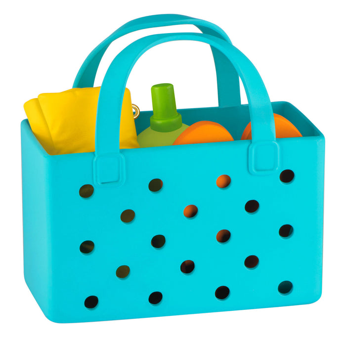 Blue toy basket with colorful sand toys on a white background