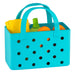 Blue toy basket with colorful sand toys on a white background