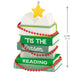 Stack of books with decorative beads and a star on top, featuring text 'Tis the Season to be Reading'.
