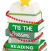 Decorative book stack ornament with 'Tis the Season to be Reading text and red beads on a white background