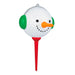 Golf ball with a snowman face on a red tee against a white background